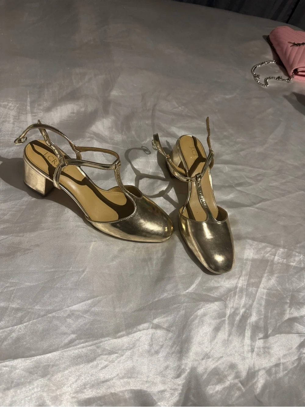 J. Crew Metallic Gold T-Strap Low Block Heels